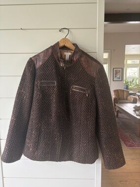 Chico's Brown Textured Zip-Up Jacket with Leather-Accent Shoulders